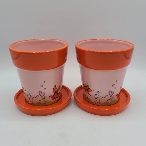 Starbucks 2006 Orange Spring Flower Planter Mugs and Saucers Set of 2 - Picture 5 of 9